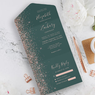 Invitation Tout En Un Mariage Paillettes Vert Foncé Or Rose Moderne