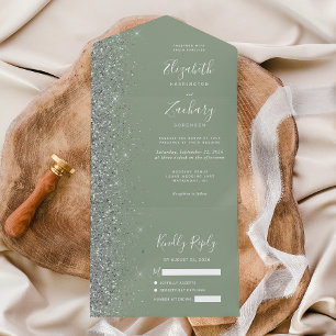 Invitation Tout En Un Mariage Paillettes Vert Sauge Moderne