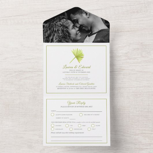 Invitation Tout En Un Mariage palmier tropical fronde aquarelle vert bla (À l'intérieur)