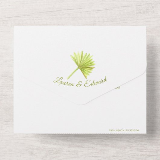 Invitation Tout En Un Mariage palmier tropical fronde aquarelle vert bla (Verso)