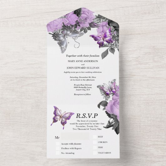 Invitation Tout En Un Mariage papillon blanc violet élégant été (À l'intérieur)