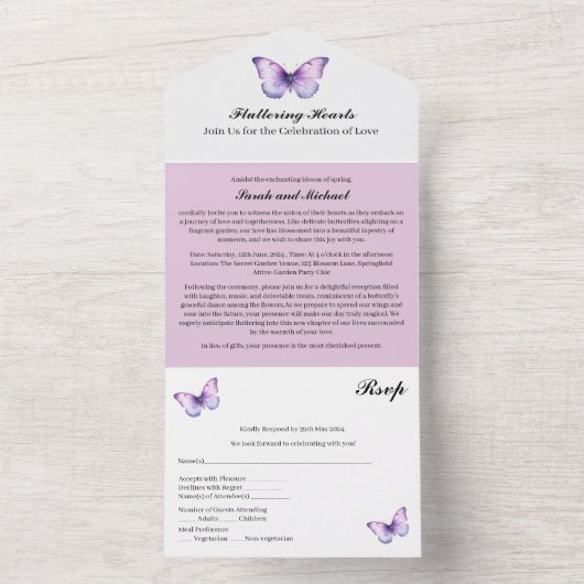 Invitation Tout En Un Mariage papillon pourpre (À l'intérieur)
