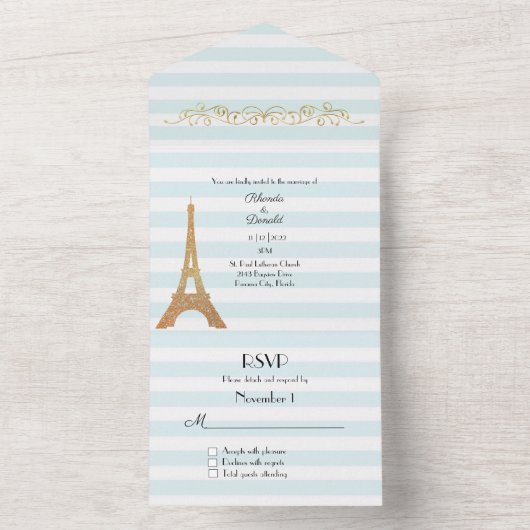 Invitation Tout En Un Mariage parisien à thème rayé (À l'intérieur)