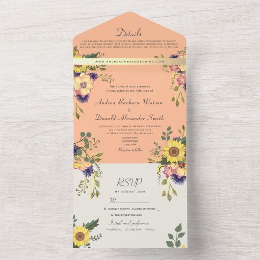 Invitation Tout En Un Mariage Peach Fuzz (À l'intérieur)
