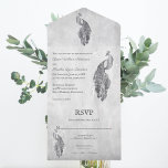 Invitation Tout En Un Mariage Peacock Argent Tout en un<br><div class="desc">Invités d'Invitations à votre prochain mariage avec une invitation de mariage Silver Peacock All in One. Le design Invitation présente un paon vibrant reposant sur une délicate vigne blanche de feuillage contre un arrière - plan grunge avec une carte de réponse perforée. Personnalisez avec les noms du marié et de...</div>