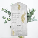 Invitation Tout En Un Mariage Peacock Gold<br><div class="desc">Invités d'Invitations à votre prochain mariage avec une invitation de mariage Gold Peacock All in One. Le design Invitation présente un paon vibrant reposant sur une délicate vigne blanche de feuillage contre un arrière - plan grunge avec une carte de réponse perforée. Personnalisez avec les noms du marié et de...</div>