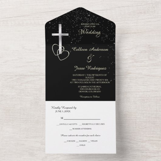 Invitation Tout En Un Mariage photo Black Silver Christian Cross (À l'intérieur)
