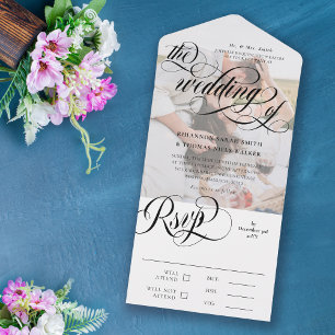 Invitation Tout En Un Mariage photo Black & White Elegant Swirls