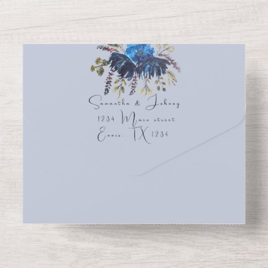 Invitation Tout En Un Mariage photo bleu marine et Dusty (Verso)