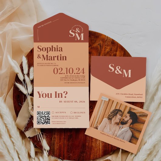 Invitation Tout En Un Mariage photo Boho Retro Terracotta