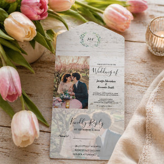 Invitation Tout En Un Mariage photo bois rustique aquarelle feuilles