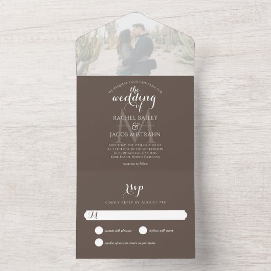 Invitation Tout En Un Mariage photo Brown Monogramme simple (À l'intérieur)