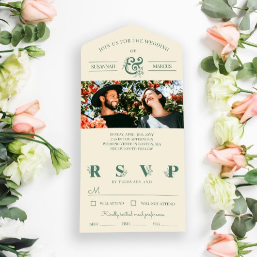 Invitation Tout En Un Mariage photo Cram Slate Green Floral Ampersand