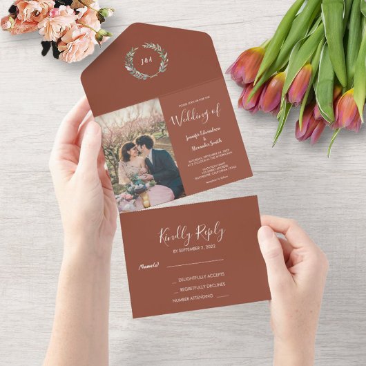 Invitation Tout En Un Mariage photo de couleur d'eau rustique feuille mo