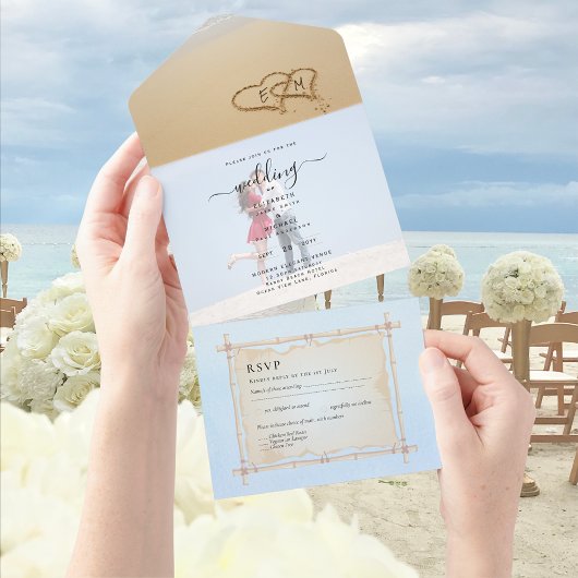 Invitation Tout En Un Mariage photo de plage Inviter RSVP Menu Coeurs Sa