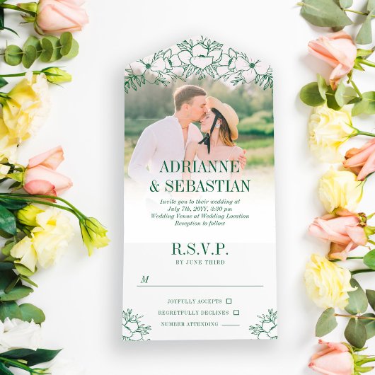 Invitation Tout En Un Mariage photo Deep Green Floral Line