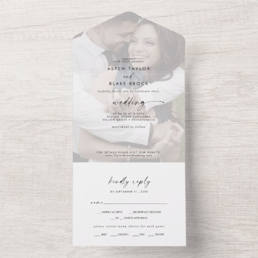 Invitation Tout En Un Mariage photo défraîchi de script moderne (À l'intérieur)