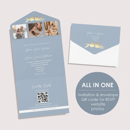 Invitation Tout En Un Mariage photo Dusty Blue QR Code