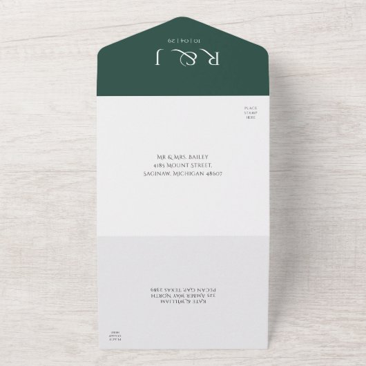 Invitation Tout En Un Mariage photo Emerald Green Monogram Date (Dehors)