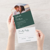 Invitation Tout En Un Mariage photo Emerald Green Script chic (Déchirure)