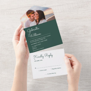 Invitation Tout En Un Mariage photo Emerald Green Script chic