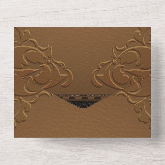 Invitation Tout En Un Mariage photo en cuir pointu Brown rustique (Verso)