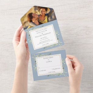 Invitation Tout En Un Mariage photo Feuille Dusty Blue Botanical Greener