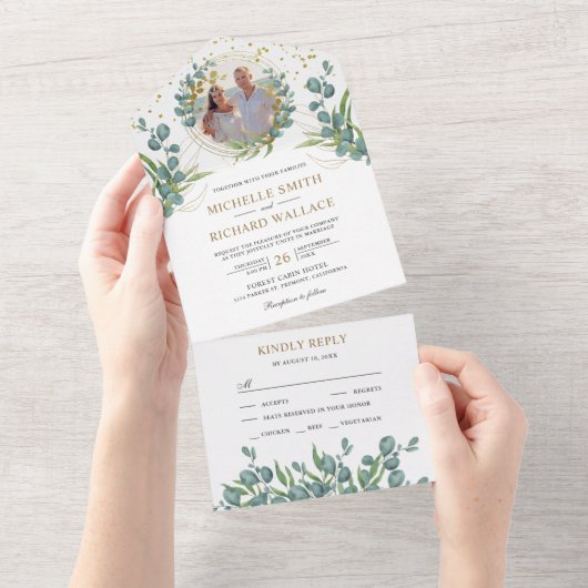 Invitation Tout En Un Mariage photo Feuille Eucalyptus vert rustique (Déchirure)