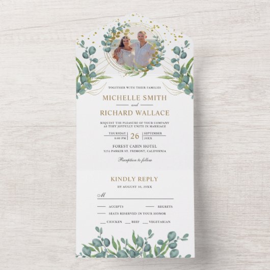 Invitation Tout En Un Mariage photo Feuille Eucalyptus vert rustique (À l'intérieur)