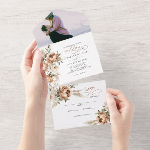 Invitation Tout En Un Mariage Photo Floral Pampas Terracotta Rustique