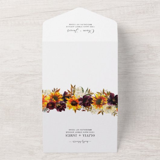 Invitation Tout En Un Mariage photo floral rustique Tournesol Bourgogne (Dehors)