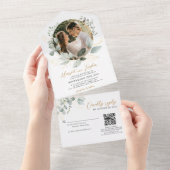 Invitation Tout En Un Mariage photo Gold and Greenery Eucalyptus QR Code (Déchirure)