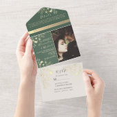 Invitation Tout En Un Mariage photo Gold Floral Sage Green (Déchirure)