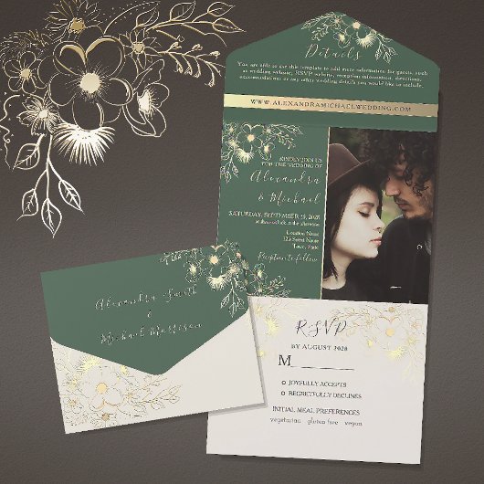 Invitation Tout En Un Mariage photo Gold Floral Sage Green