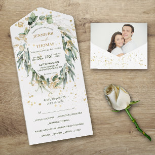 Invitation Tout En Un Mariage photo Gold Green Eucalyptus