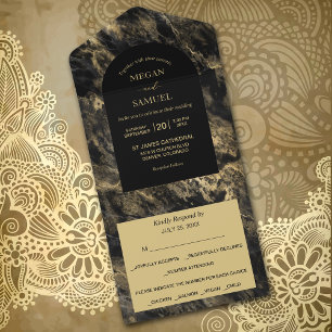 Invitation Tout En Un Mariage photo Gold Laced Smoky Black Marble