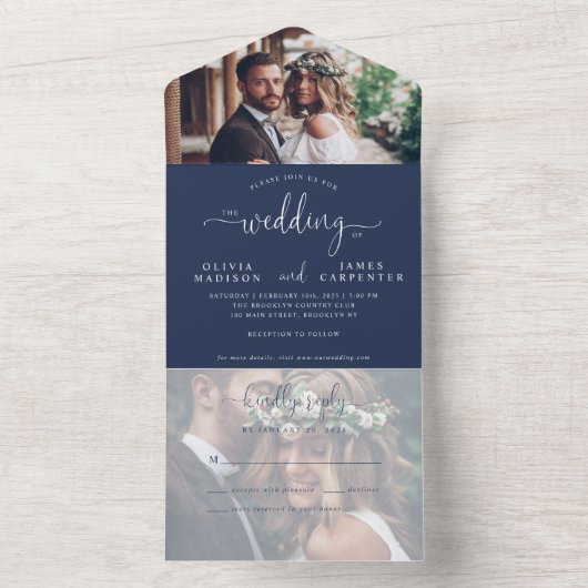 Invitation Tout En Un Mariage photo moderne bleu marine Élégant Script 2 (À l'intérieur)