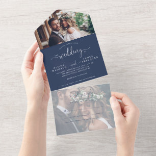 Invitation Tout En Un Mariage photo moderne bleu marine Élégant Script 2
