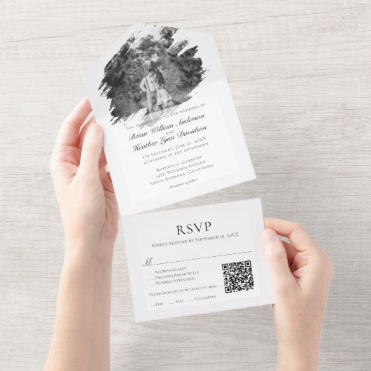 Invitation Tout En Un Mariage photo moderne Brushstroke | BLANCHE (Déchirure)