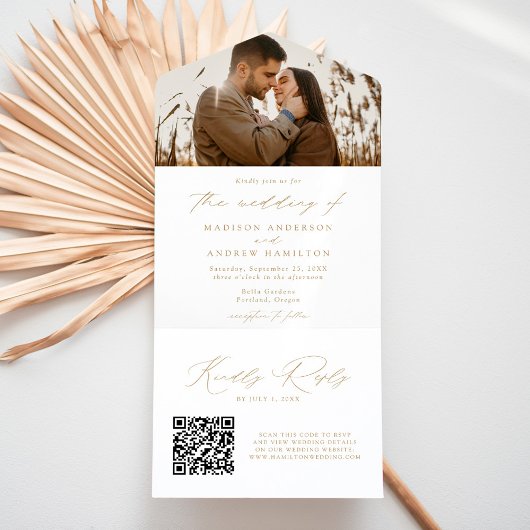 Invitation Tout En Un Mariage photo moderne Elegant Gold Script