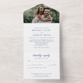Invitation Tout En Un Mariage photo moderne élégant Marine Script bleu (À l'intérieur)
