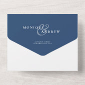 Invitation Tout En Un Mariage photo moderne élégant Marine Script bleu (Verso)