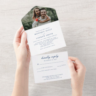 Invitation Tout En Un Mariage photo moderne élégant Marine Script bleu