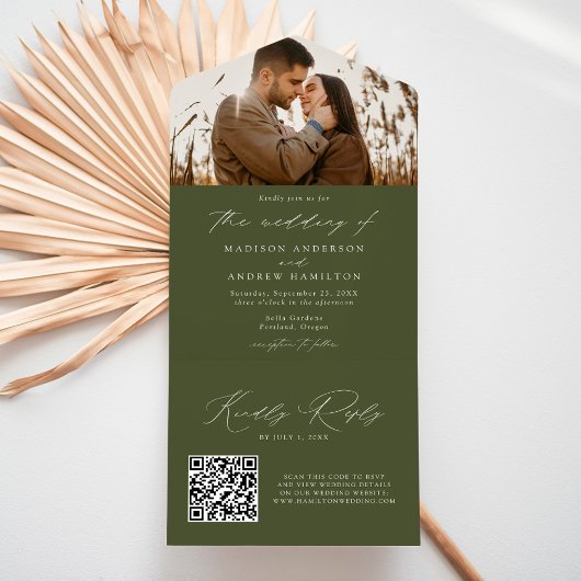 Invitation Tout En Un Mariage photo moderne Elegant Olive Green