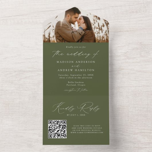 Invitation Tout En Un Mariage photo moderne Elegant Olive Green (À l'intérieur)