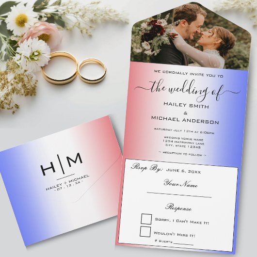Invitation Tout En Un Mariage photo moderne Red White & Blue Ombre