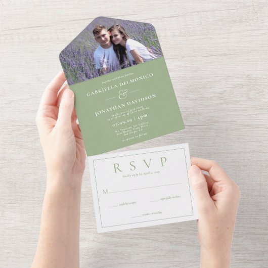 Invitation Tout En Un Mariage photo moderne Sage vert RSVP (Déchirure)