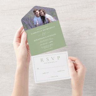 Invitation Tout En Un Mariage photo moderne Sage vert RSVP