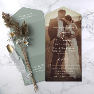 Invitation Tout En Un Mariage photo moderne Sage vert RSVP
