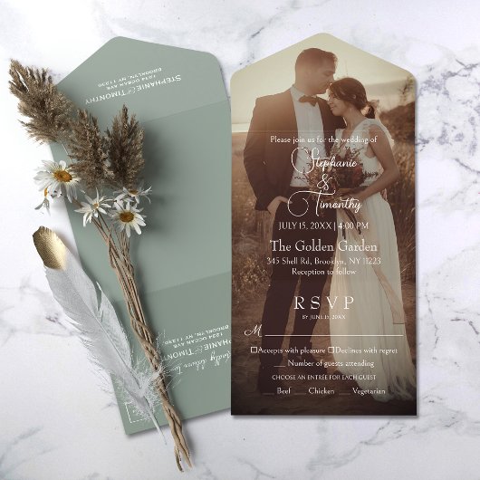 Invitation Tout En Un Mariage photo moderne Sage vert RSVP